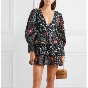 LoveShackFancy NWT Paris Blue Pink Floral Ruffle Puff Sleeve Tiered Mini Dress 0